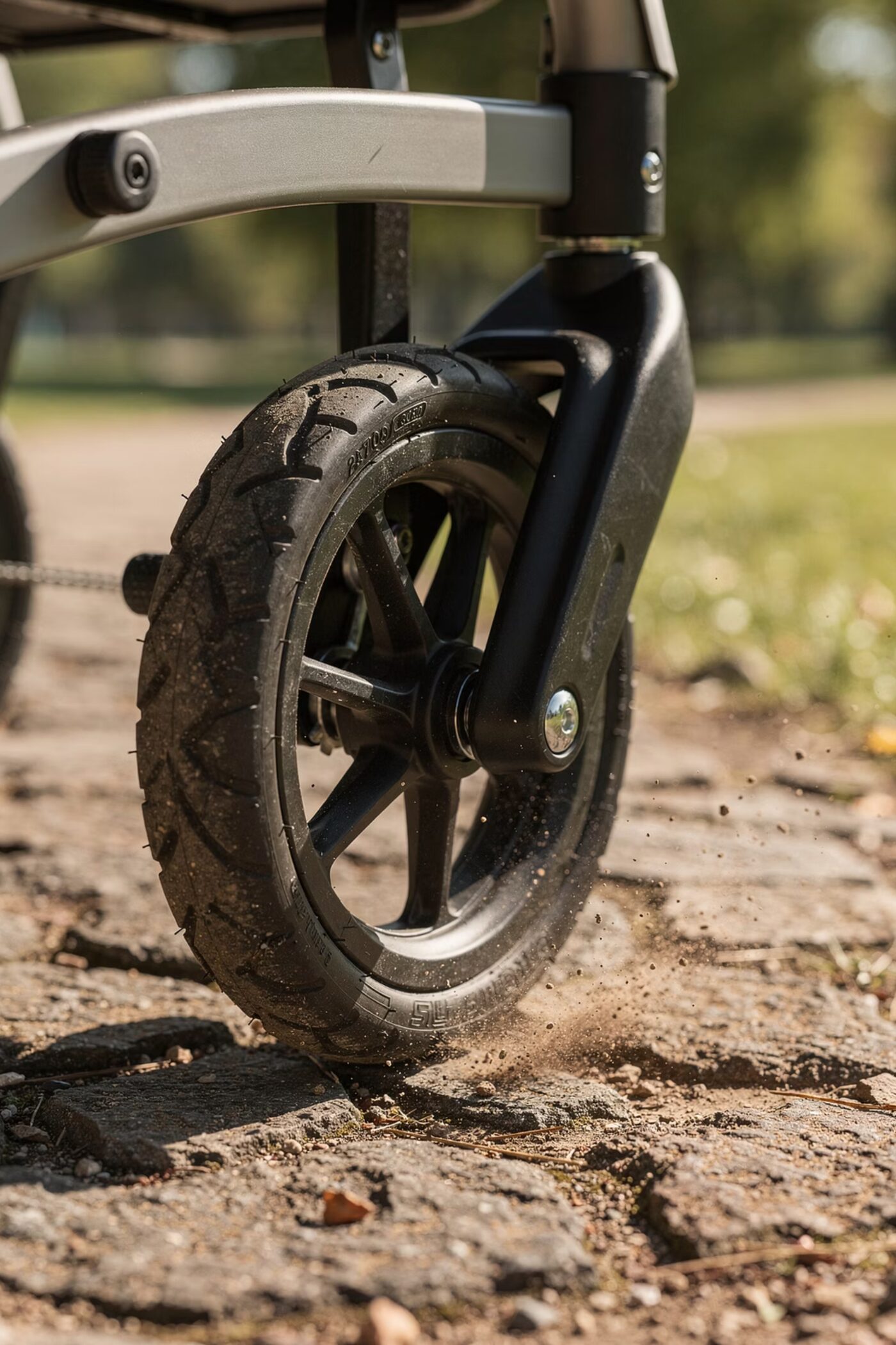 The outdoor-adapted rollator with large front wheels and integrated seat